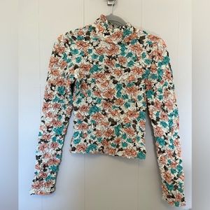 NWT Anthropology DOLAN Printed Pebble-Smocked Turtleneck Top size Small